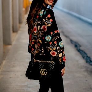 New floral embroidered black crew sweater